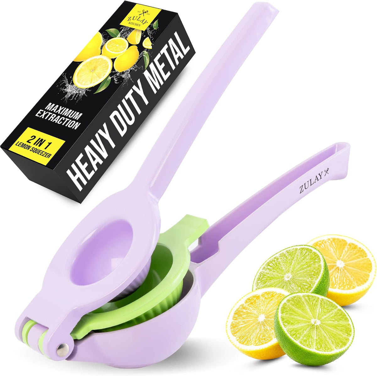 Zulay Metal 2-In-1 Lemon Squeezer Manual - Sturdy, Max Extraction Hand Juicer Lemon Squeezer Gets Every Last Drop - Easy to Clean & Use Citrus Juicer-Yellow/Green - Colors B