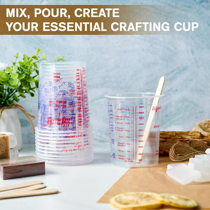 16 oz Plastic Mixing Cups, 50 Pack 16 oz (500ml) Disposable Measuring Cups with 50 Wooden Mixing Sticks, Can Be Used for Epoxy Resin, Liquid Measuring, Paint, Cooking and Baking