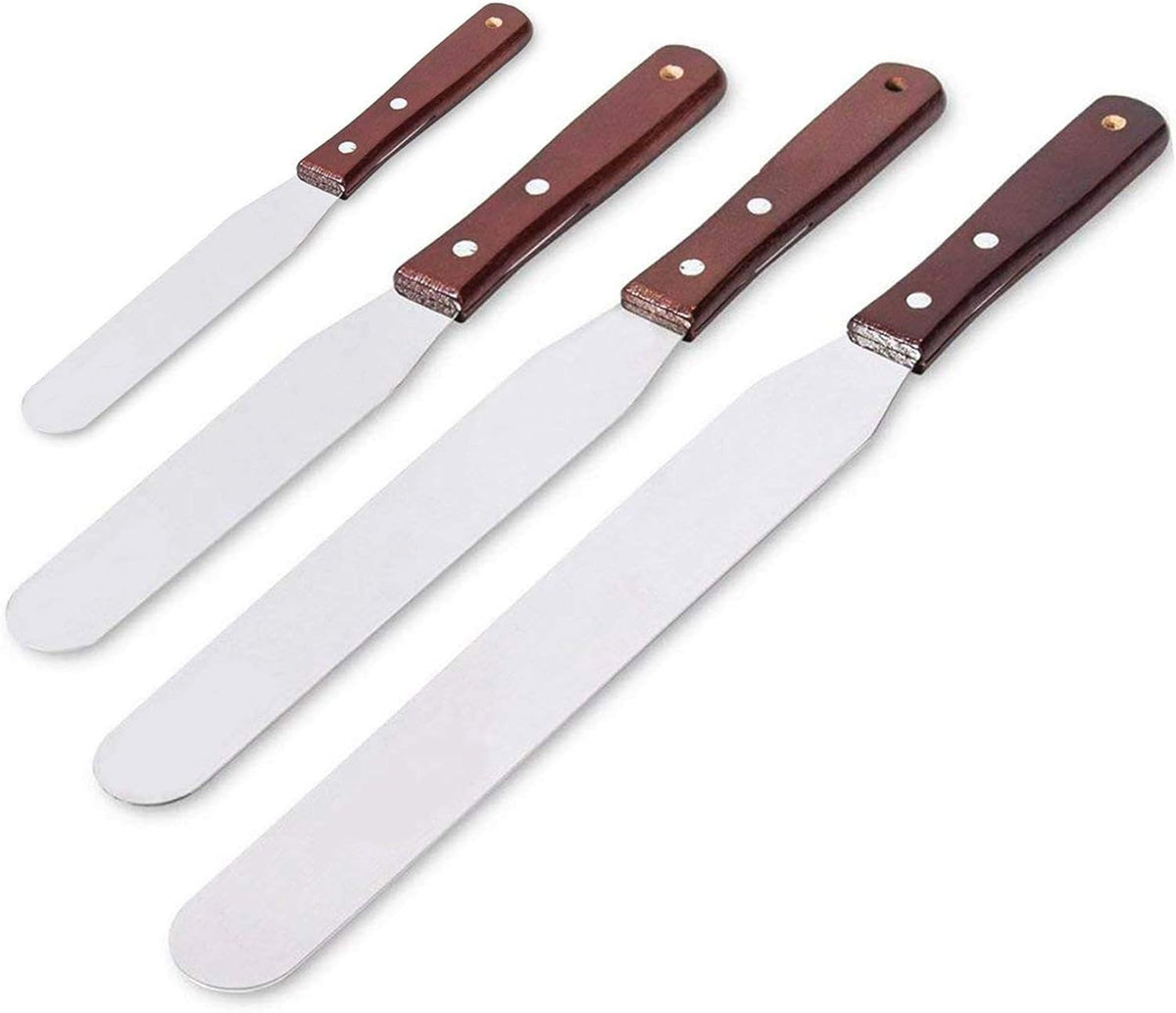 4PCS Straight Cake Icing Spatula Set 4” 6” 8” 10”with Wooden Handle | Professional Stainless Steel Cake Decorating Frosting Spatulas with Wooden Handle (Straight)