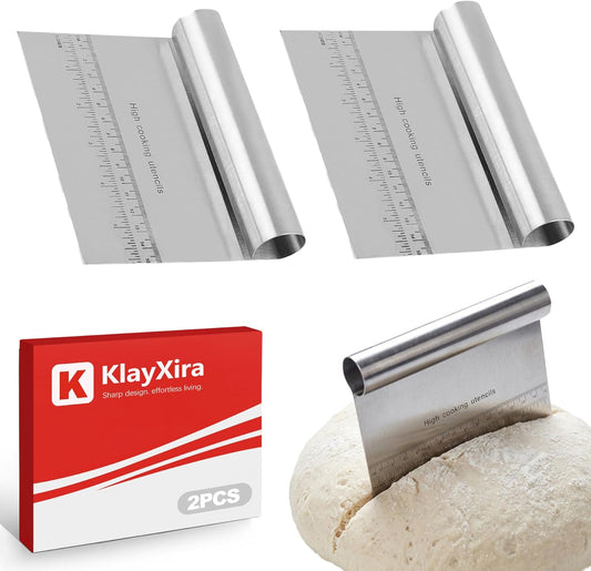 2 Pack Stainless Steel Dough Scraper and Dough Scrapers Set, or Baking Pastry Scraper and Bread Cutter with Measuring Guide - Multipurpose Dough Cutter and Baking Scraper for Kitchen