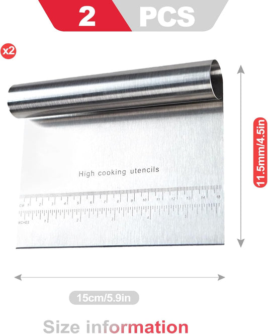2 Pack Stainless Steel Dough Scraper and Dough Scrapers Set, or Baking Pastry Scraper and Bread Cutter with Measuring Guide - Multipurpose Dough Cutter and Baking Scraper for Kitchen