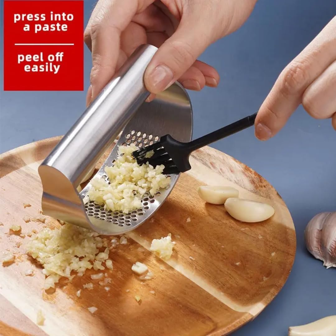 Garlic Press Rocker, Stainless Steel Garlic Mincer and Heavy Duty Stainless Steel Garlic Press Garlic Crusher,mincer tool Easy-Squeeze Garlic Tool with Peeler Cleaning Brush for Smashing Garlic