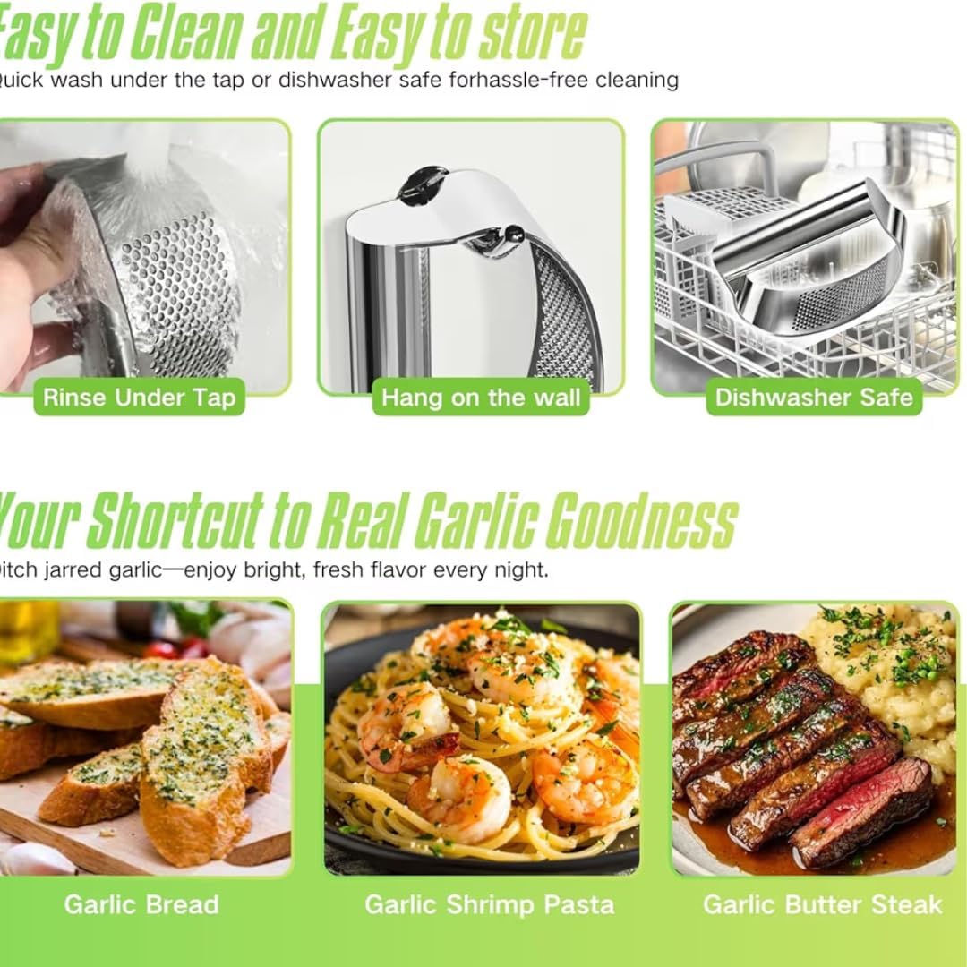 Garlic Press Rocker, Stainless Steel Garlic Mincer and Heavy Duty Stainless Steel Garlic Press Garlic Crusher,mincer tool Easy-Squeeze Garlic Tool with Peeler Cleaning Brush for Smashing Garlic