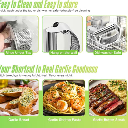 Garlic Press Rocker, Stainless Steel Garlic Mincer and Heavy Duty Stainless Steel Garlic Press Garlic Crusher,mincer tool Easy-Squeeze Garlic Tool with Peeler Cleaning Brush for Smashing Garlic