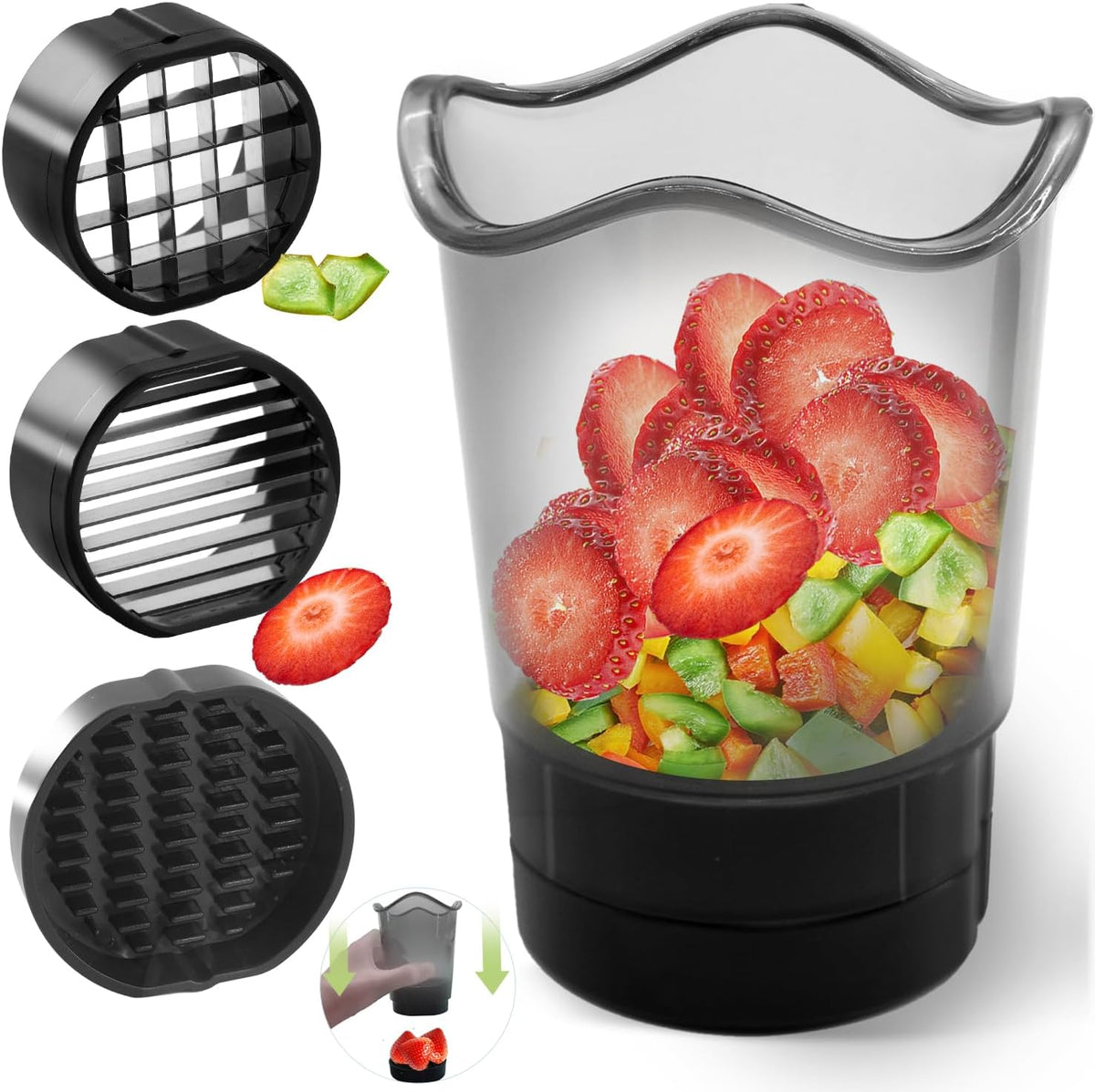 Strawberry Slicer Multifunctional Fruit and Vegetable Slicer Stainless Steel Cup Quick Salad Maker（Transparent bottle body+2 blade+base）