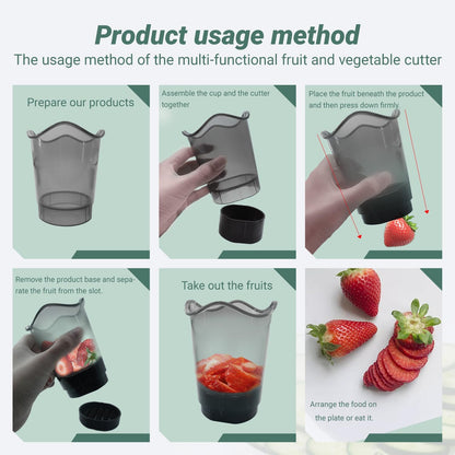 Strawberry Slicer Multifunctional Fruit and Vegetable Slicer Stainless Steel Cup Quick Salad Maker（Transparent bottle body+2 blade+base）