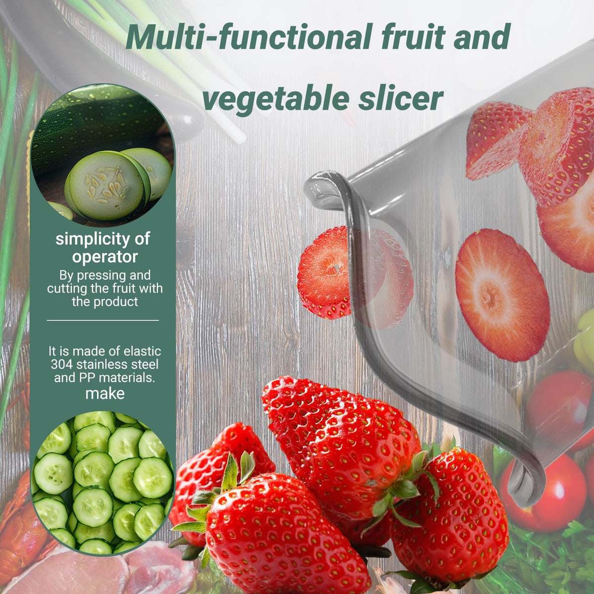 Strawberry Slicer Multifunctional Fruit and Vegetable Slicer Stainless Steel Cup Quick Salad Maker（Transparent bottle body+2 blade+base）