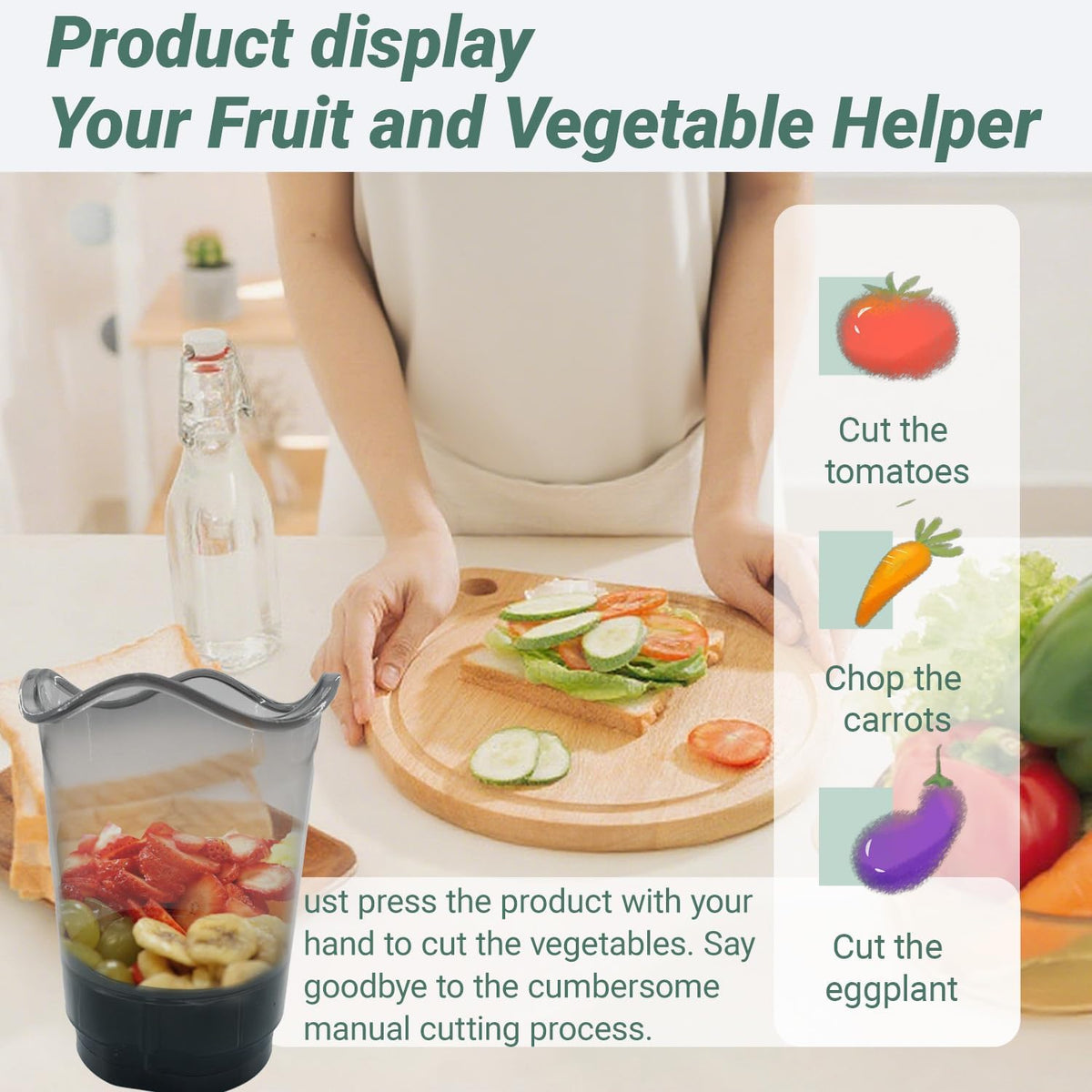 Strawberry Slicer Multifunctional Fruit and Vegetable Slicer Stainless Steel Cup Quick Salad Maker（Transparent bottle body+2 blade+base）
