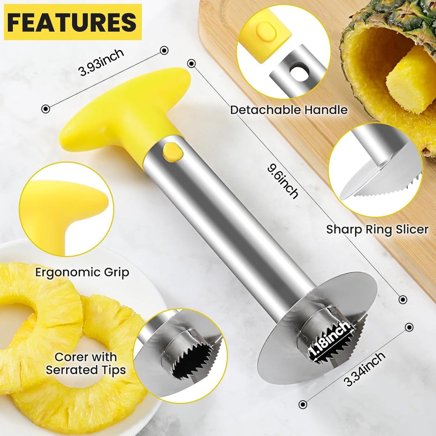 AUBENR Premium Pineapple Corer and Slicer Tool - Sharp Pineapple Cutter with Serrated Tips - Easy to Use and Clean - Stainless Steel Core Remover for Pineapple - Core Fruits with Ease(Black)