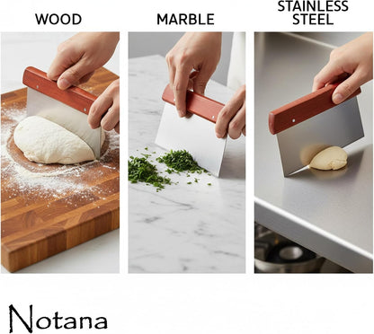 Wood Bench Scraper Stainless Steel - Professional Dough Cutter Tool for Bread Making, Pastry Scraper, Premium Multi-Purpose Kitchen Scraper for Baking and Chopping