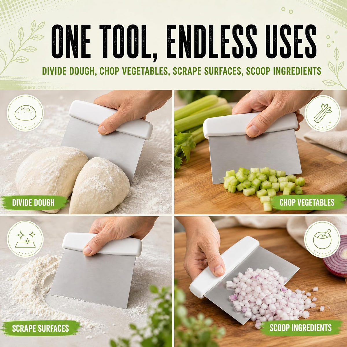 Wood Bench Scraper Stainless Steel - Professional Dough Cutter Tool for Bread Making, Pastry Scraper, Premium Multi-Purpose Kitchen Scraper for Baking and Chopping