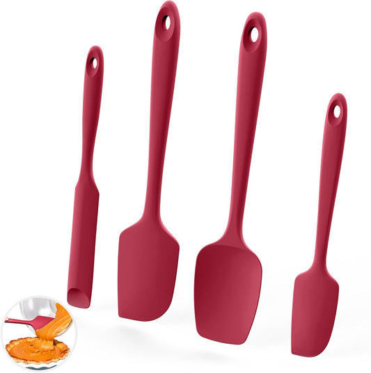 600ºF Heat Resistant Silicone Spatulas for Cooking, 4Pcs/Red | Food-Grade Silicon Scraper Spatula for Non Stick Cookware, Heat Proof Cooking Mixing Utensils, Upgraded Sturdy Handle