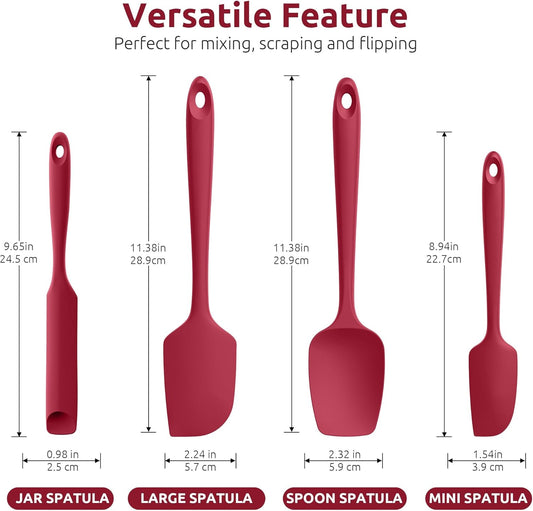 600ºF Heat Resistant Silicone Spatulas for Cooking, 4Pcs/Red | Food-Grade Silicon Scraper Spatula for Non Stick Cookware, Heat Proof Cooking Mixing Utensils, Upgraded Sturdy Handle