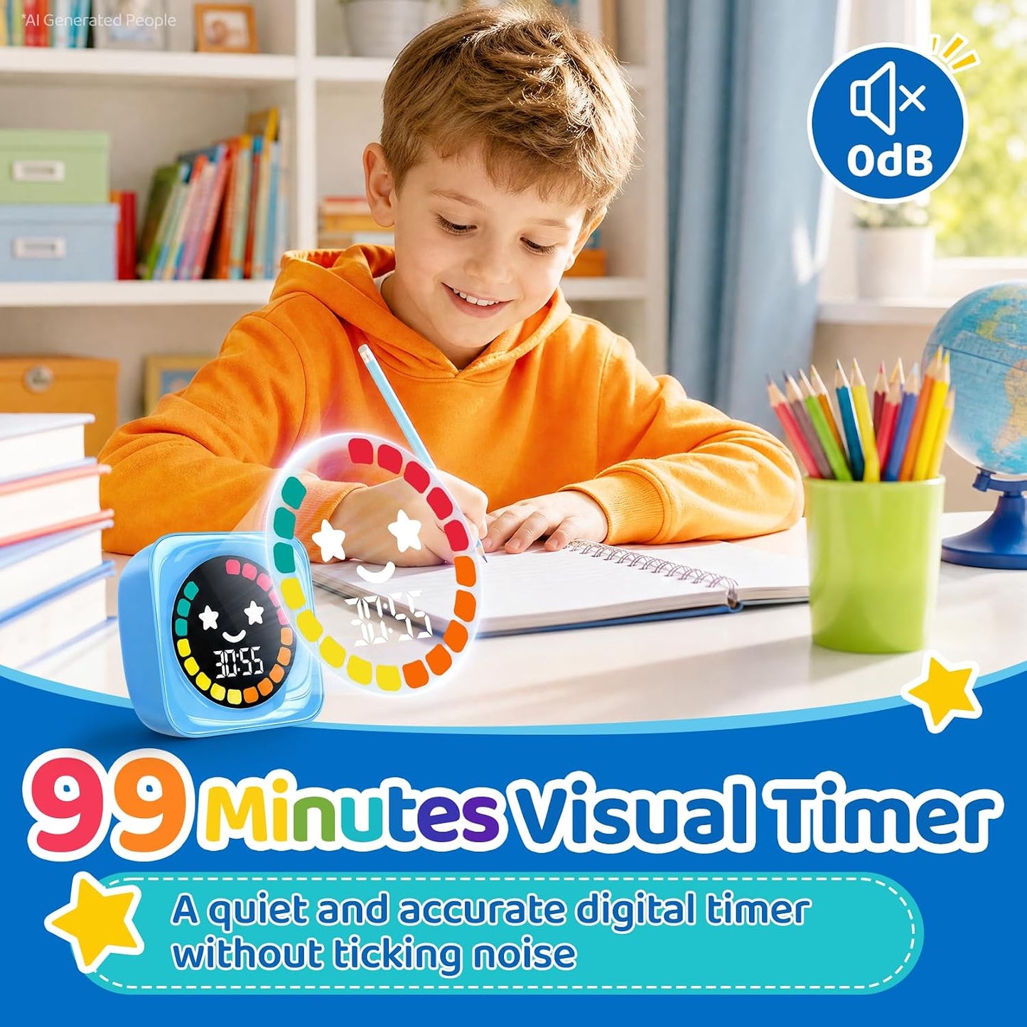 Visual Timer for Kids, 99 Minute Digital Cute Kids Visual Timer Classroom Timer for Homeschool Supplies Study Teaching Time Management Tool Countdown Productivity Timer, Blue, Colorful Display