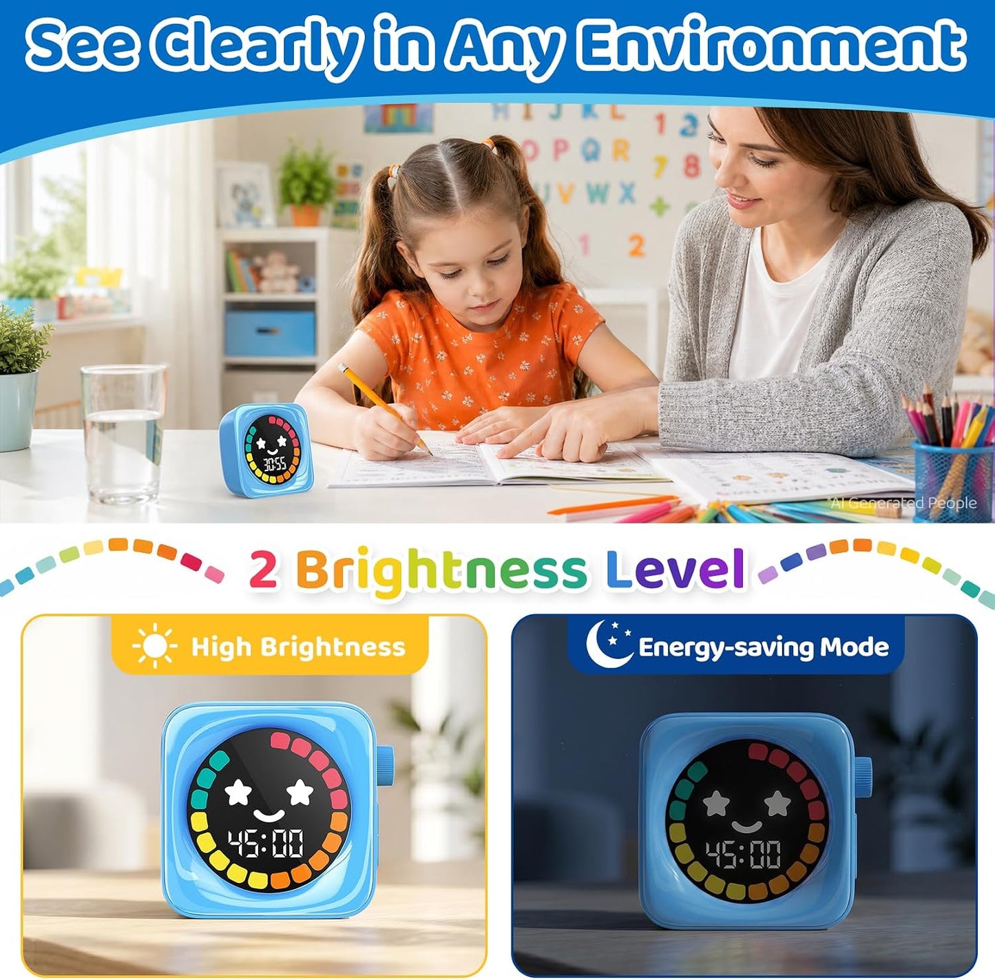 Visual Timer for Kids, 99 Minute Digital Cute Kids Visual Timer Classroom Timer for Homeschool Supplies Study Teaching Time Management Tool Countdown Productivity Timer, Blue, Colorful Display