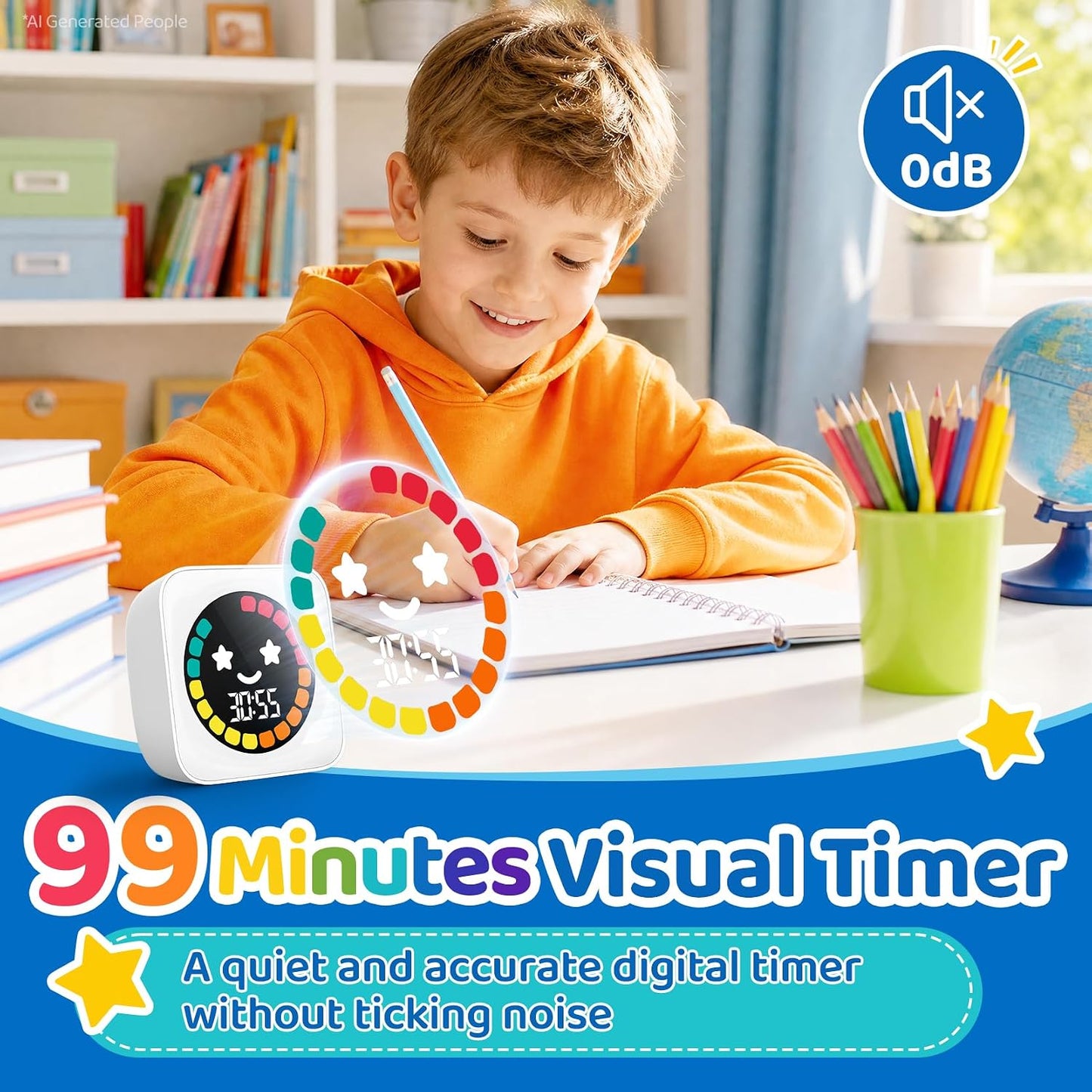 Visual Timer for Kids, 99 Minute Digital Cute Kids Visual Timer Classroom Timer for Homeschool Supplies Study Teaching Time Management Tool Countdown Productivity Timer, Blue, Colorful Display