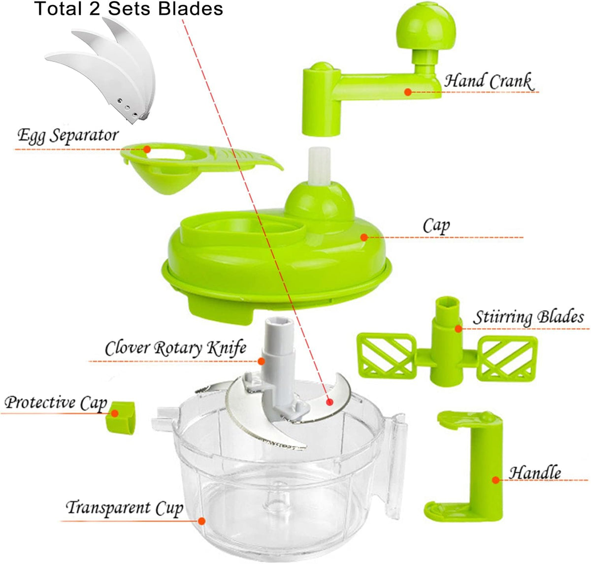 Food processes Hand Crank Food Processor/Manual Food Chopper/Meat Grinder/Vegetable Dicer And Mincer/Fruit Blender With Egg Separator Rotary Onion Chopper(2 Sets steel blades)