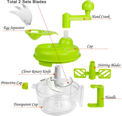 Food processes Hand Crank Food Processor/Manual Food Chopper/Meat Grinder/Vegetable Dicer And Mincer/Fruit Blender With Egg Separator Rotary Onion Chopper(2 Sets steel blades)