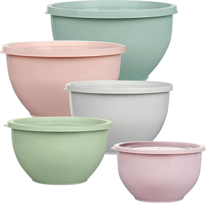 Plastic Mixing Bowls with Lids Set for Kitchen, 5 Set Nesting Bowls for Mixing, Baking, Prepping, Cooking and Serving Food, Mixing Bowls Dishwasher, Microwave Safe
