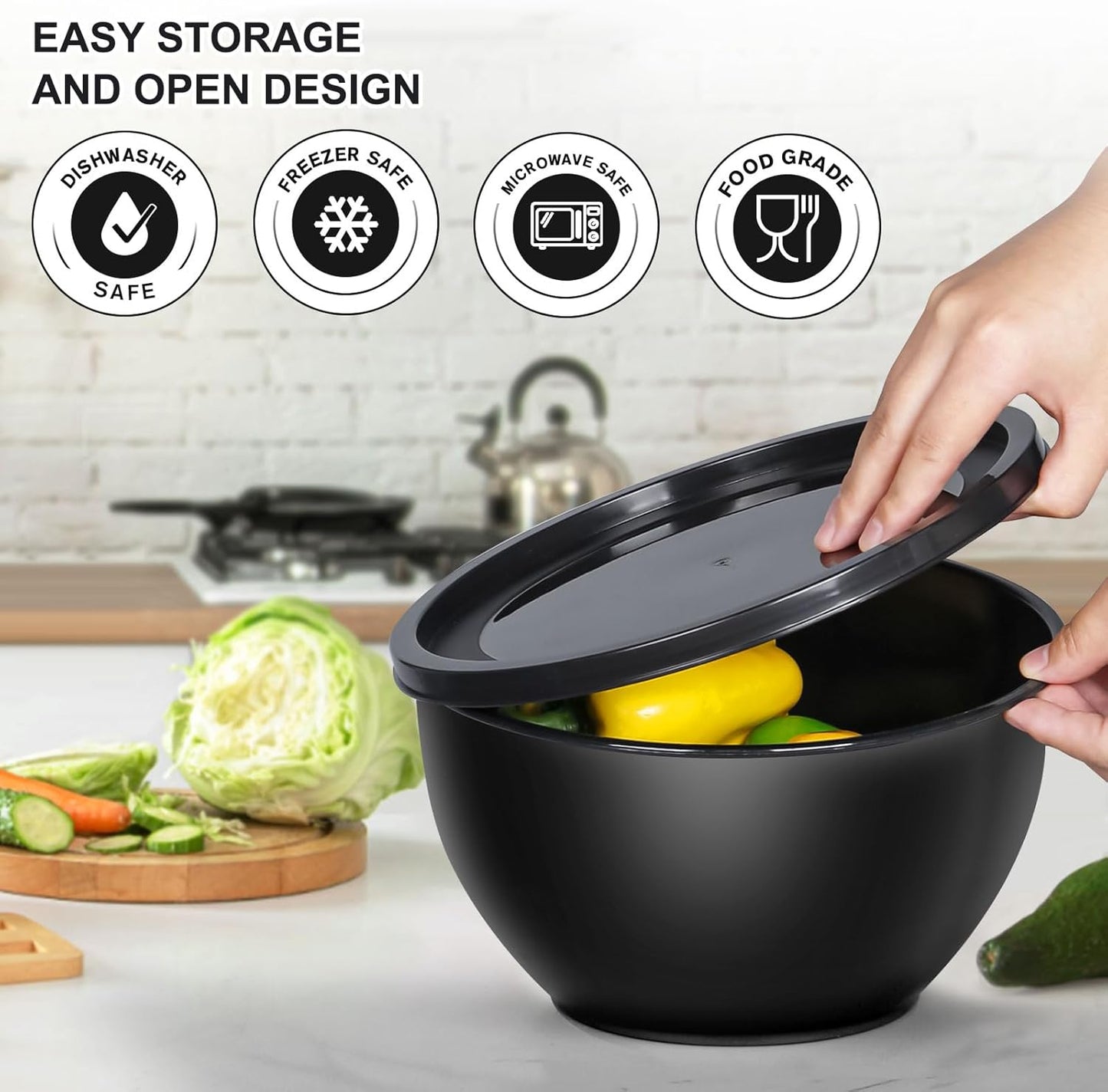 Plastic Mixing Bowls with Lids Set for Kitchen, 5 Set Nesting Bowls for Mixing, Baking, Prepping, Cooking and Serving Food, Mixing Bowls Dishwasher, Microwave Safe