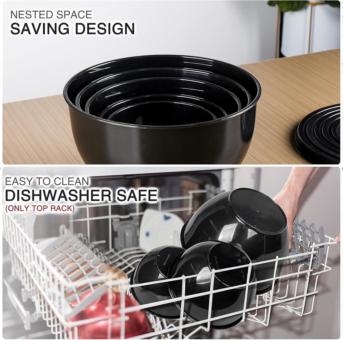 Plastic Mixing Bowls with Lids Set for Kitchen, 5 Set Nesting Bowls for Mixing, Baking, Prepping, Cooking and Serving Food, Mixing Bowls Dishwasher, Microwave Safe