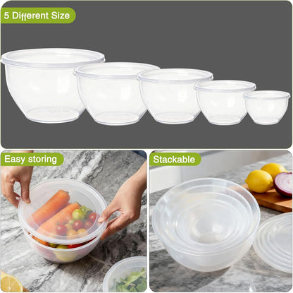 Plastic Mixing Bowls with Lids Set for Kitchen, 5 Set Nesting Bowls for Mixing, Baking, Prepping, Cooking and Serving Food, Mixing Bowls Dishwasher, Microwave Safe