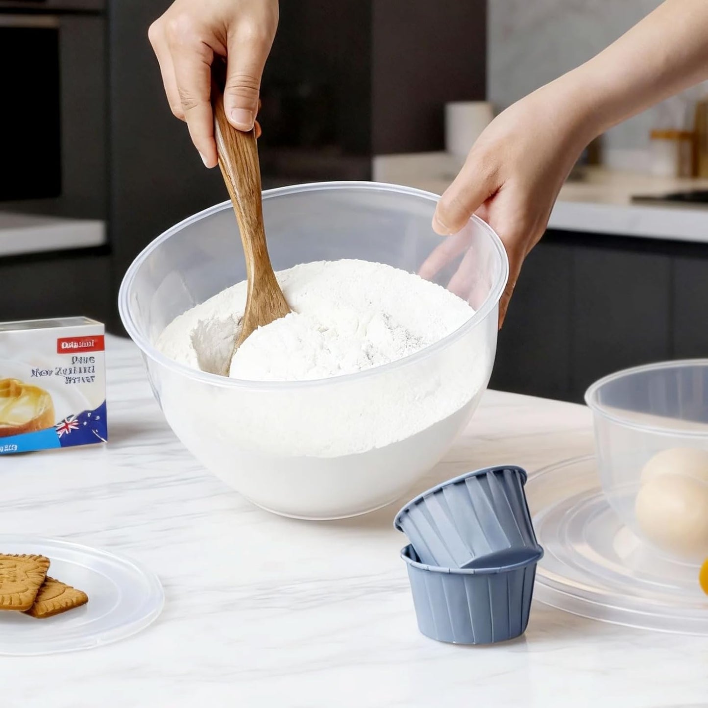 Plastic Mixing Bowls with Lids Set for Kitchen, 5 Set Nesting Bowls for Mixing, Baking, Prepping, Cooking and Serving Food, Mixing Bowls Dishwasher, Microwave Safe