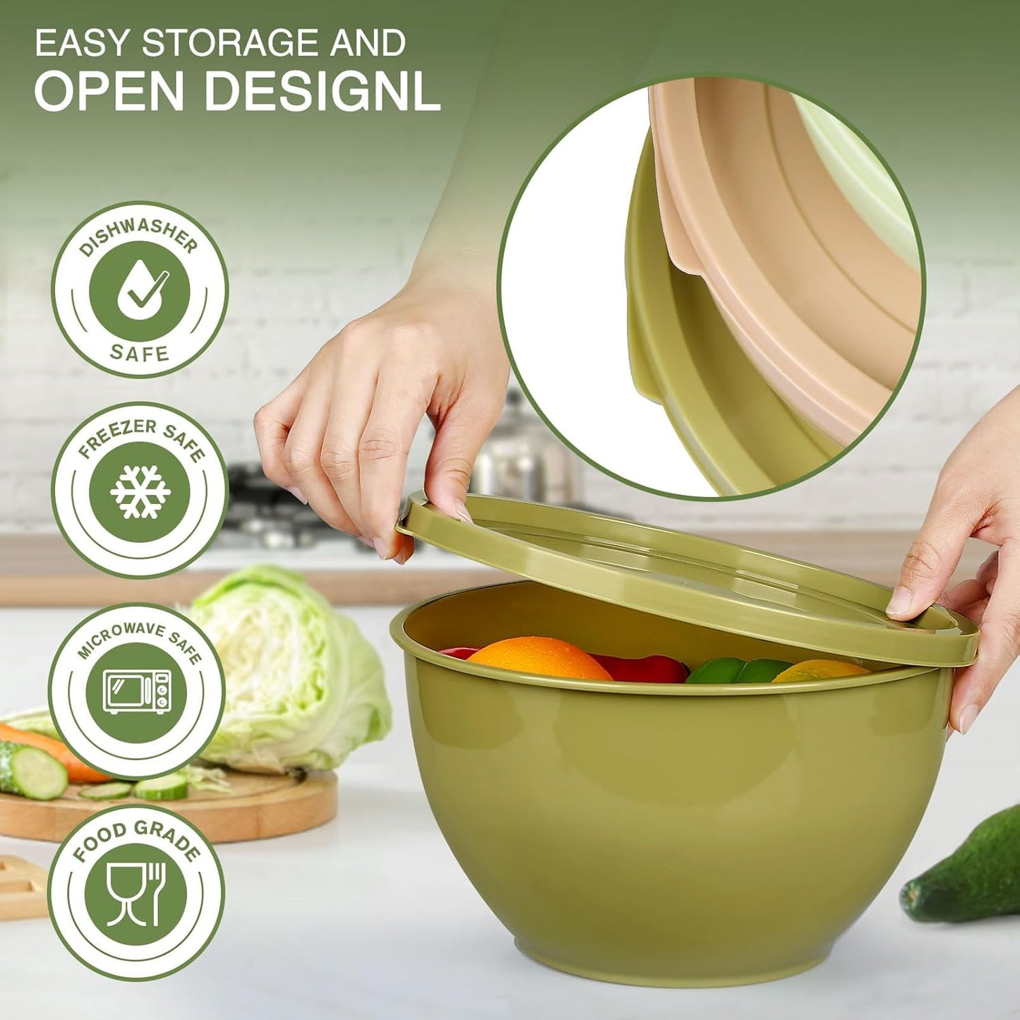 Plastic Mixing Bowls with Lids Set for Kitchen, 5 Set Nesting Bowls for Mixing, Baking, Prepping, Cooking and Serving Food, Mixing Bowls Dishwasher, Microwave Safe