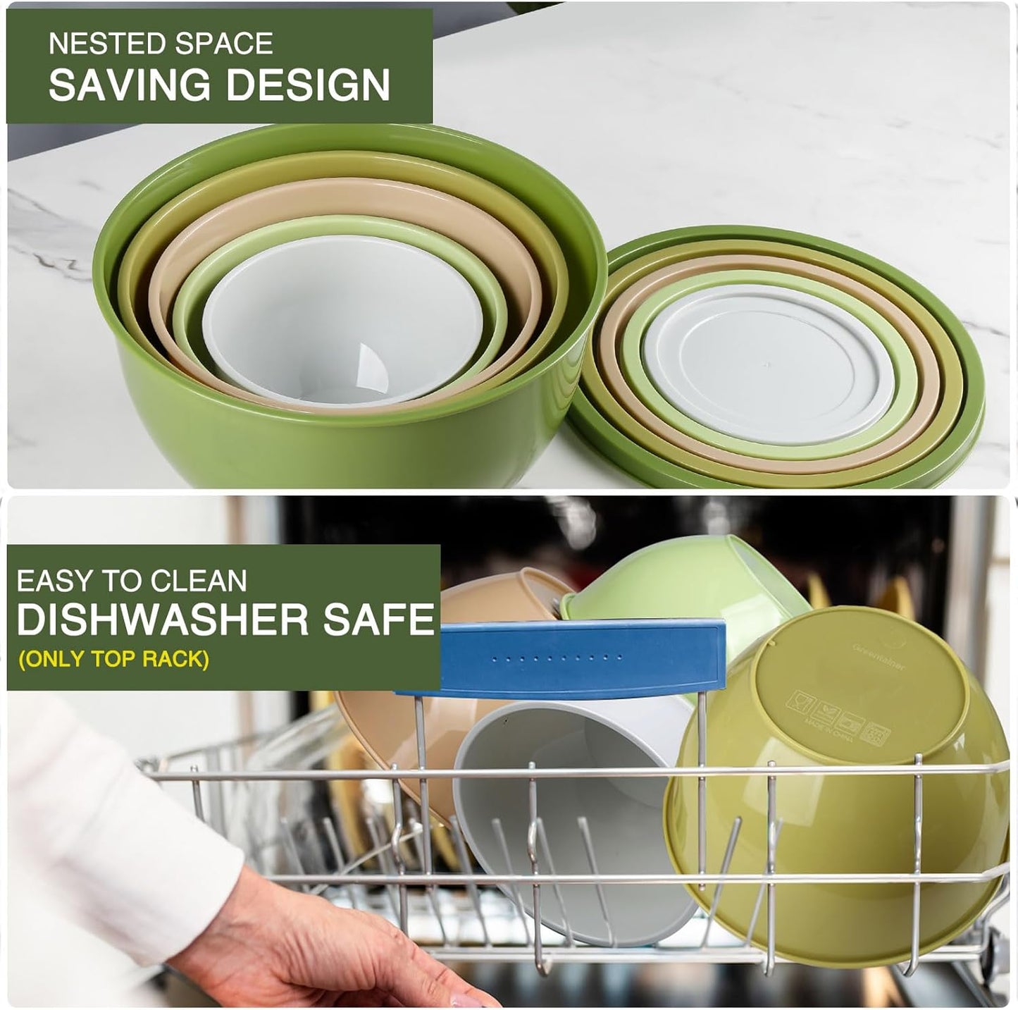 Plastic Mixing Bowls with Lids Set for Kitchen, 5 Set Nesting Bowls for Mixing, Baking, Prepping, Cooking and Serving Food, Mixing Bowls Dishwasher, Microwave Safe