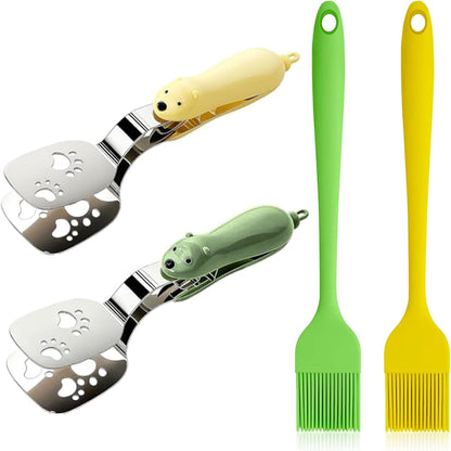 4 Pcs Silicone Basting Pastry Brushes with Stainless Steel Spatula Tongs Set,Heat Resistant Food Brush for Oil Butter BBQ Sauce,2-in-1 Cute Bear Food Flip Shovel Clip for Steak Fish Bread