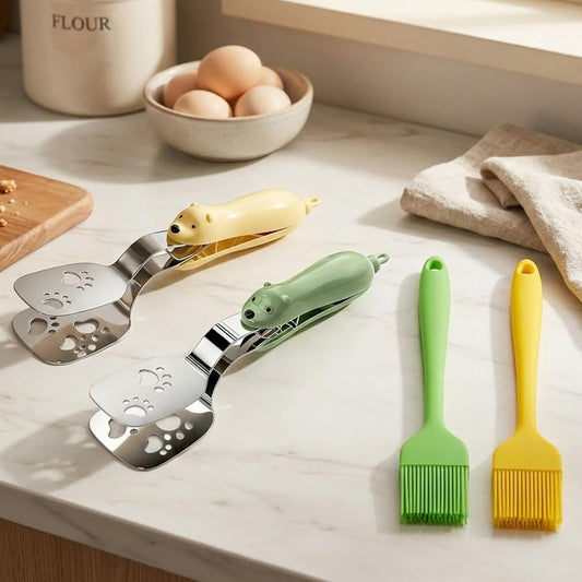 4 Pcs Silicone Basting Pastry Brushes with Stainless Steel Spatula Tongs Set,Heat Resistant Food Brush for Oil Butter BBQ Sauce,2-in-1 Cute Bear Food Flip Shovel Clip for Steak Fish Bread
