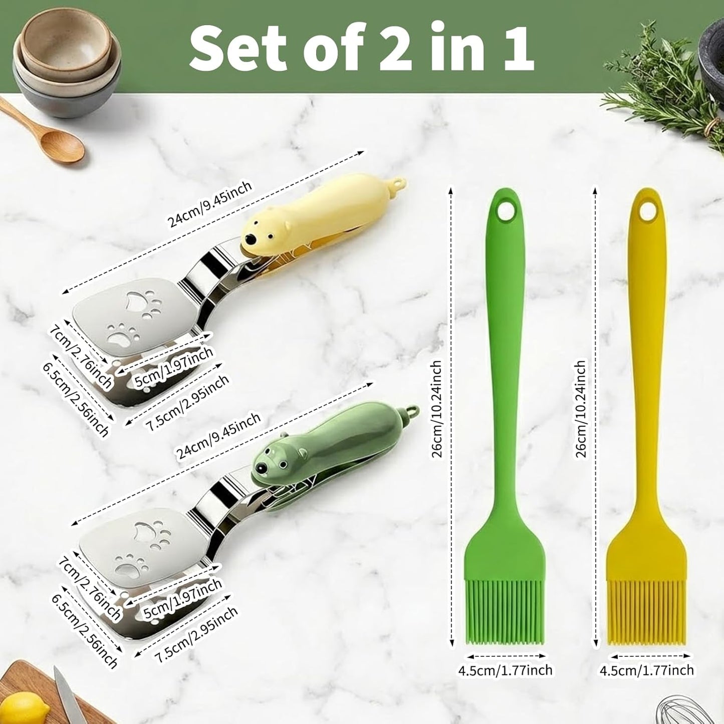 4 Pcs Silicone Basting Pastry Brushes with Stainless Steel Spatula Tongs Set,Heat Resistant Food Brush for Oil Butter BBQ Sauce,2-in-1 Cute Bear Food Flip Shovel Clip for Steak Fish Bread