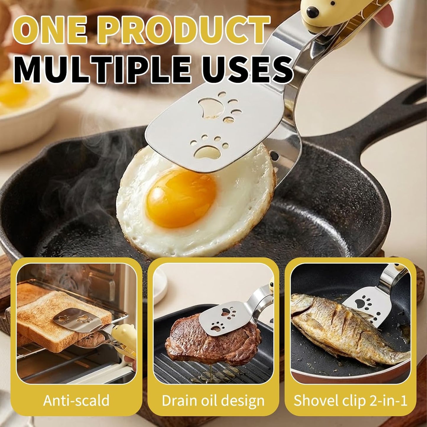4 Pcs Silicone Basting Pastry Brushes with Stainless Steel Spatula Tongs Set,Heat Resistant Food Brush for Oil Butter BBQ Sauce,2-in-1 Cute Bear Food Flip Shovel Clip for Steak Fish Bread