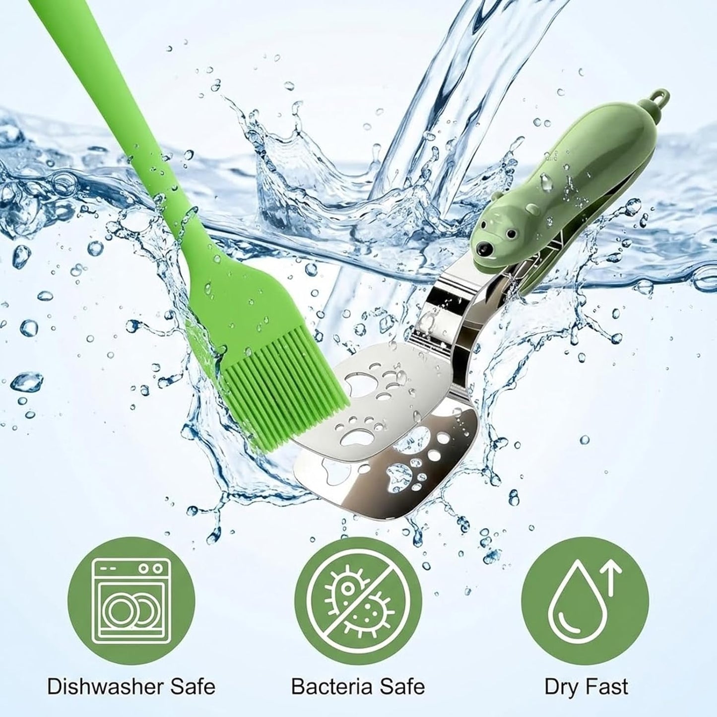 4 Pcs Silicone Basting Pastry Brushes with Stainless Steel Spatula Tongs Set,Heat Resistant Food Brush for Oil Butter BBQ Sauce,2-in-1 Cute Bear Food Flip Shovel Clip for Steak Fish Bread