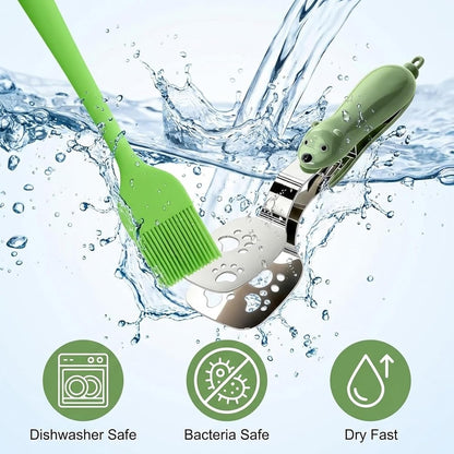 4 Pcs Silicone Basting Pastry Brushes with Stainless Steel Spatula Tongs Set,Heat Resistant Food Brush for Oil Butter BBQ Sauce,2-in-1 Cute Bear Food Flip Shovel Clip for Steak Fish Bread