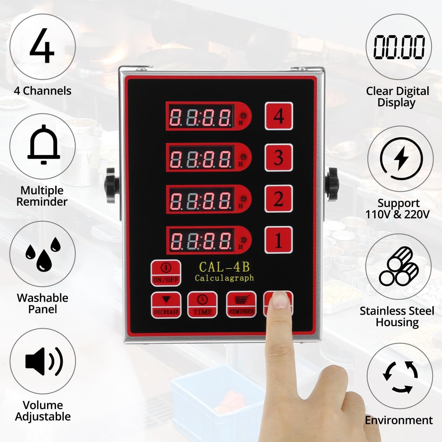 Kitchen Timer for Cooking, 4 Channel Stainless Steel Commercial Culinary Timer, Loud Alarm Cooking Reminder for Food Truck Fryer
