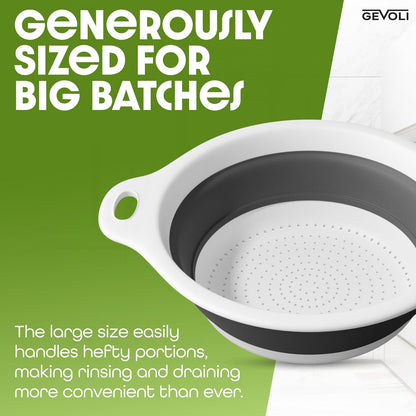 Collapsible Colander Strainer, Includes Over-sink Countertop Draining Base (5QT) Large Kitchen Drainer for Vegetables Fruit and Pasta, Round Foldable Draining Basket, Easy Storage (White)