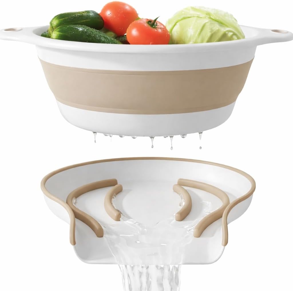 Collapsible Colander Strainer, Includes Over-sink Countertop Draining Base (5QT) Large Kitchen Drainer for Vegetables Fruit and Pasta, Round Foldable Draining Basket, Easy Storage (White)