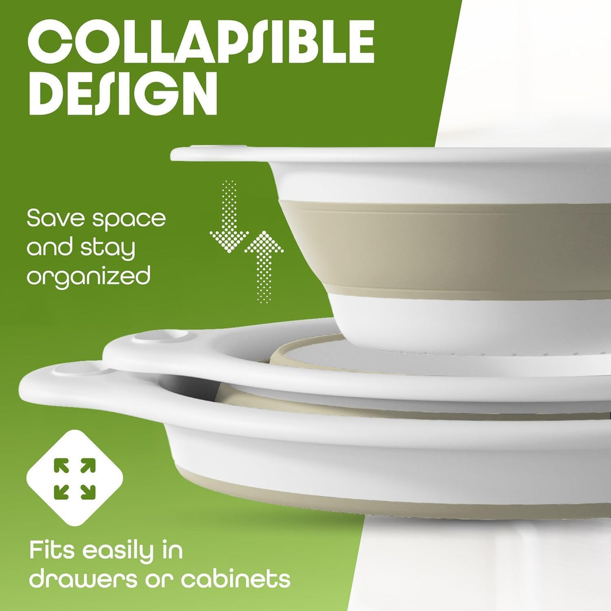 Collapsible Colander Strainer, Includes Over-sink Countertop Draining Base (5QT) Large Kitchen Drainer for Vegetables Fruit and Pasta, Round Foldable Draining Basket, Easy Storage (White)