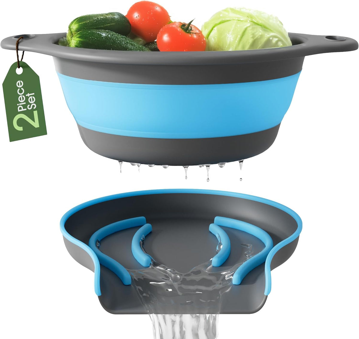 Collapsible Colander Strainer, Includes Over-sink Countertop Draining Base (5QT) Large Kitchen Drainer for Vegetables Fruit and Pasta, Round Foldable Draining Basket, Easy Storage (White)
