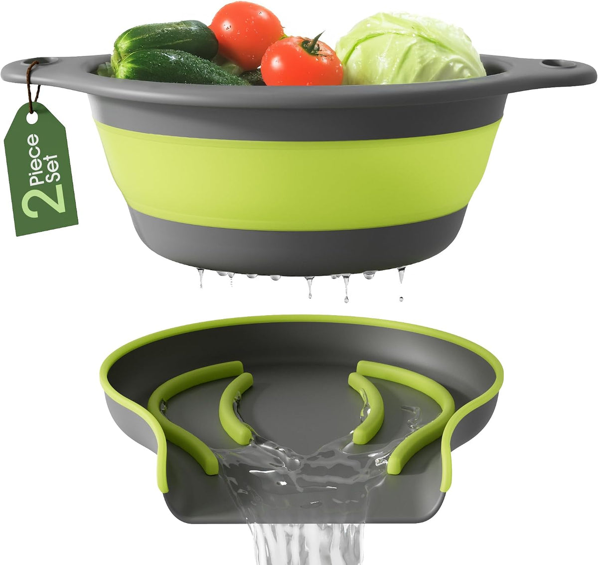 Collapsible Colander Strainer, Includes Over-sink Countertop Draining Base (5QT) Large Kitchen Drainer for Vegetables Fruit and Pasta, Round Foldable Draining Basket, Easy Storage (White)