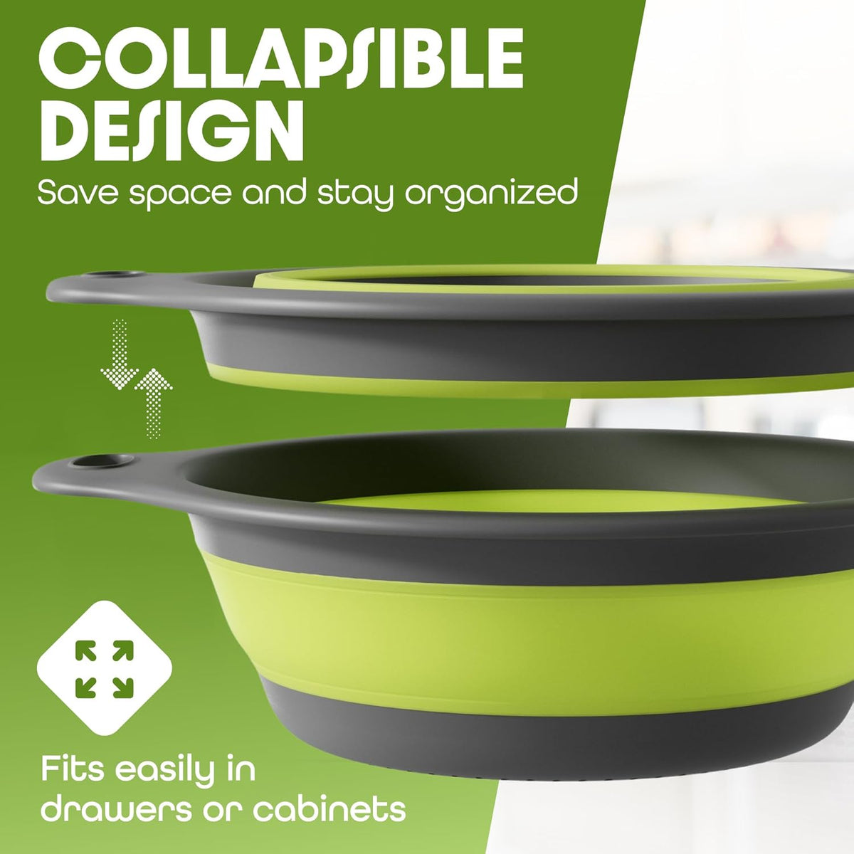 Collapsible Colander Strainer, Includes Over-sink Countertop Draining Base (5QT) Large Kitchen Drainer for Vegetables Fruit and Pasta, Round Foldable Draining Basket, Easy Storage (White)