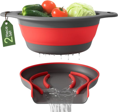 Collapsible Colander Strainer, Includes Over-sink Countertop Draining Base (5QT) Large Kitchen Drainer for Vegetables Fruit and Pasta, Round Foldable Draining Basket, Easy Storage (White)