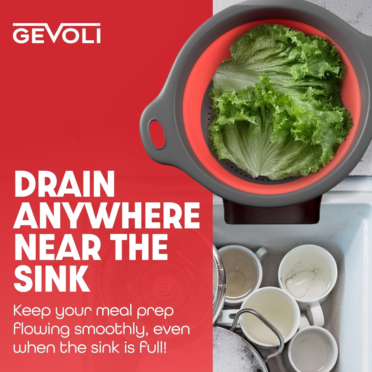 Collapsible Colander Strainer, Includes Over-sink Countertop Draining Base (5QT) Large Kitchen Drainer for Vegetables Fruit and Pasta, Round Foldable Draining Basket, Easy Storage (White)