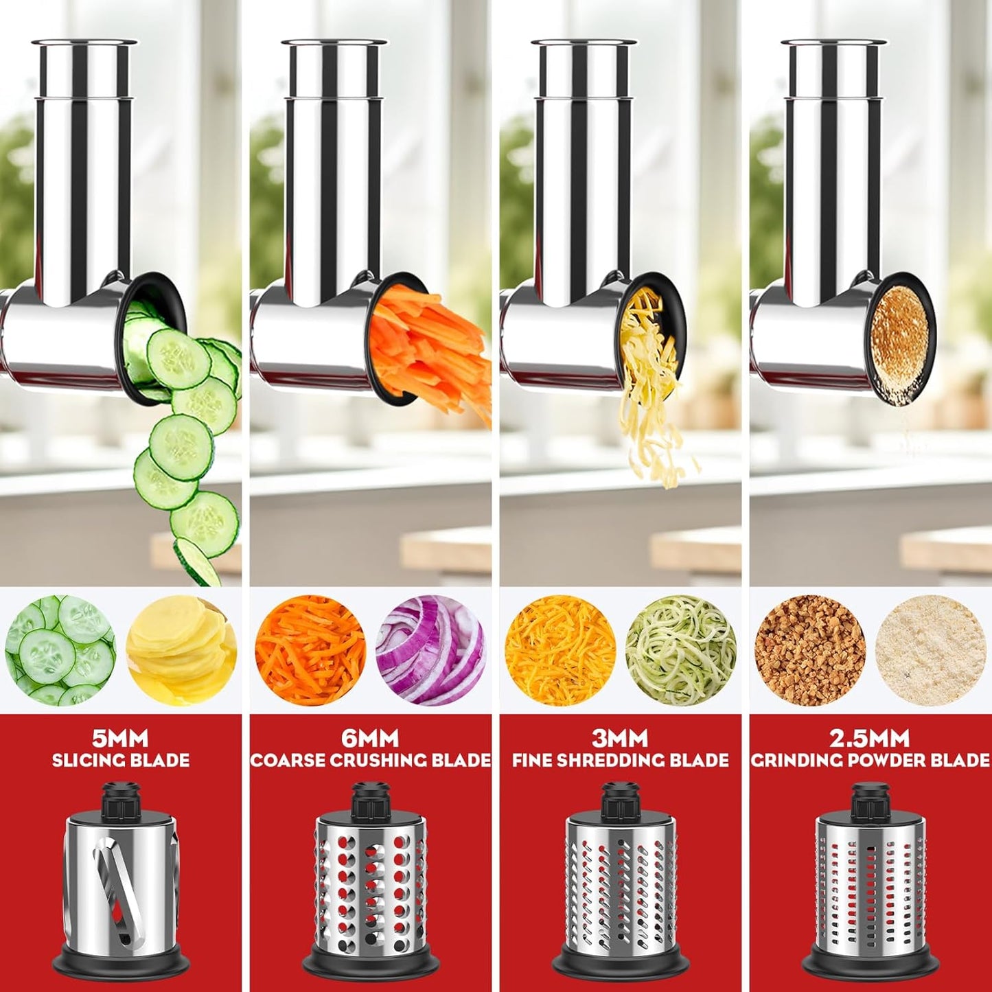 Stainless Steel Slicer Shredder Attachment for Kitchenaid Stand Mixer | Cheese Grater & Vegetable Cutter, Salad Maker for Kitchenaid Mixer, Grinding Powder with 4 Blades