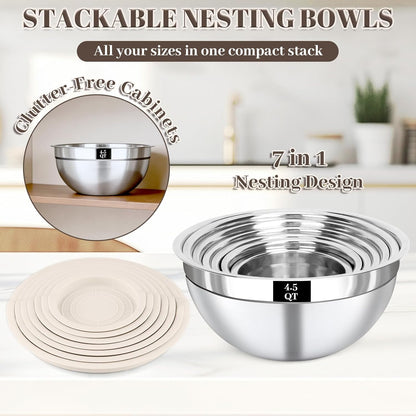 8PCS Mixing Bowls with Lids Set - 5 Nesting Mixing Bowls, 3 Grater Attachments, Lids, Stainless Steel Mixing Bowls for Mixing & Serving, Size 1.5/2.1/3.5/4/4.5 QT, Colorful