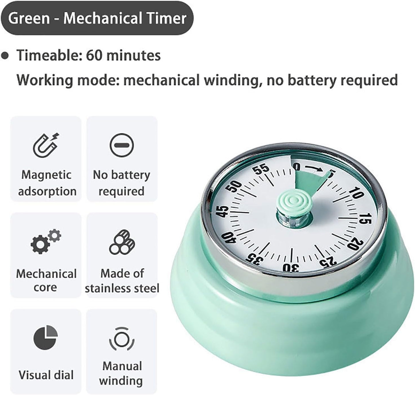 Elegant Stainless Steel Vintage Kitchen Timer with Magnetic Attachment - 60-Minute Countdown & Audible Alarm, Perfect for Cooking, Office Tasks, and Study Sessions (01-Green)
