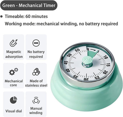 Elegant Stainless Steel Vintage Kitchen Timer with Magnetic Attachment - 60-Minute Countdown & Audible Alarm, Perfect for Cooking, Office Tasks, and Study Sessions (01-Green)