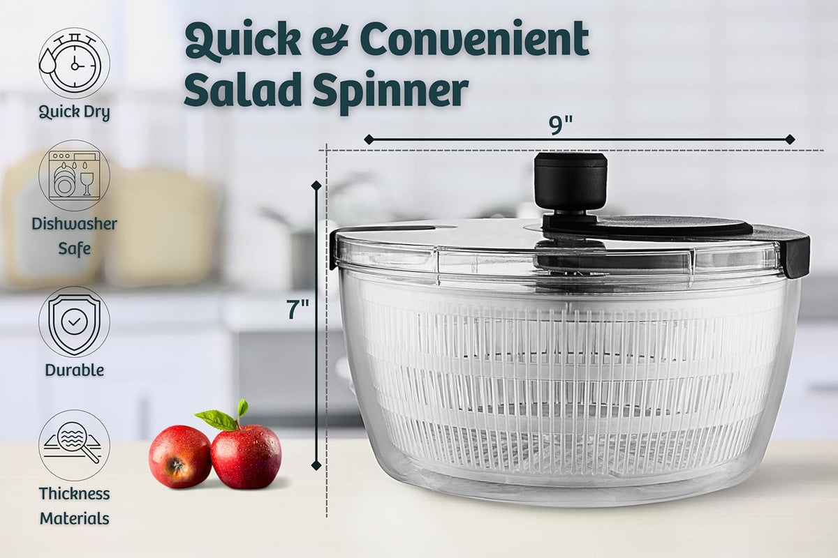 Salad Spinner – Large Clear Bowl with Drain and Colander – Multi-use Vegetable Dryer, Lettuce Spinner, Fruit Washer, Salad Mixer, Pasta & Fries Spinner - 4.2 Qt