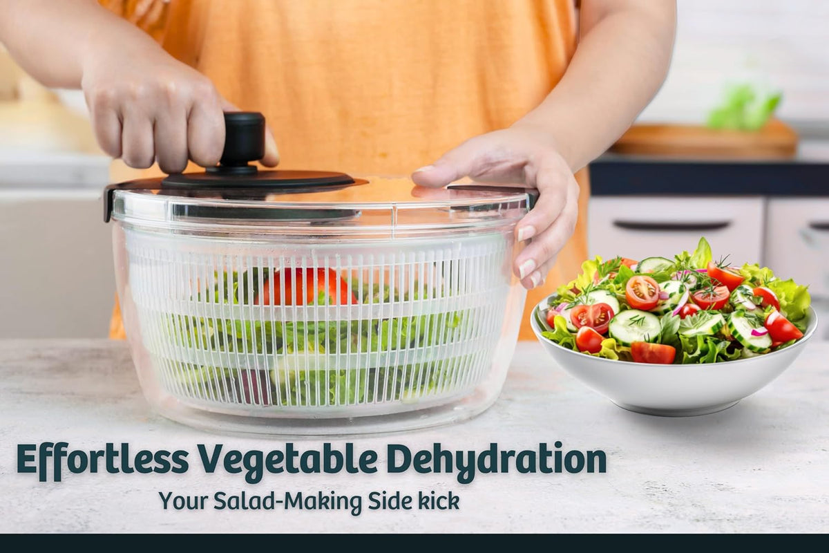 Salad Spinner – Large Clear Bowl with Drain and Colander – Multi-use Vegetable Dryer, Lettuce Spinner, Fruit Washer, Salad Mixer, Pasta & Fries Spinner - 4.2 Qt
